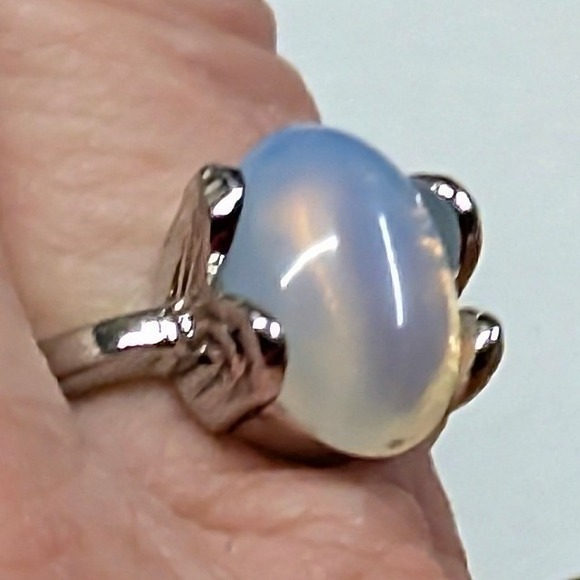New Opalite Oval Cabochon Big Ring Plus Size 10.5 Blue SilverTone Statement Boho - Picture 5 of 11